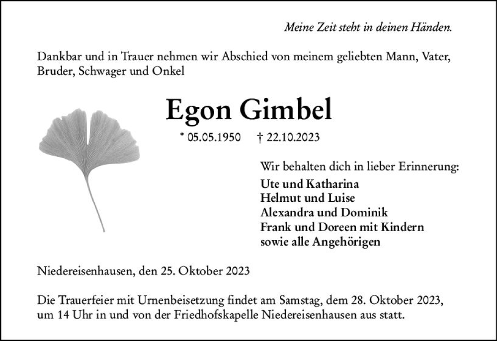  Traueranzeige für Egon Gimbel vom 25.10.2023 aus Hinterländer Anzeiger