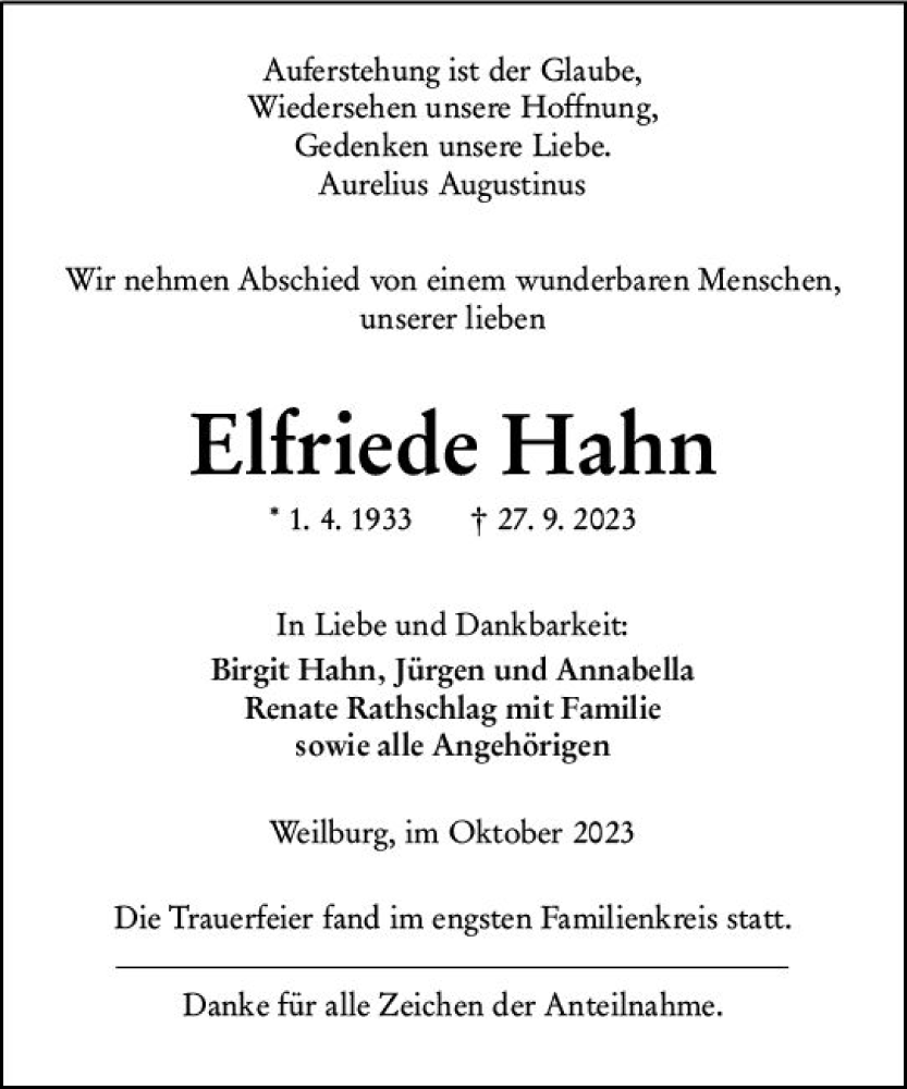  Traueranzeige für Elfriede Hahn vom 21.10.2023 aus Weilburger Tageblatt