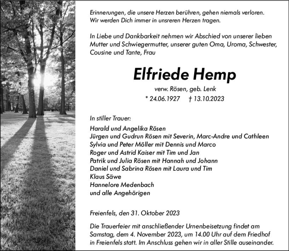  Traueranzeige für Elfriede Hemp vom 31.10.2023 aus Weilburger Tageblatt