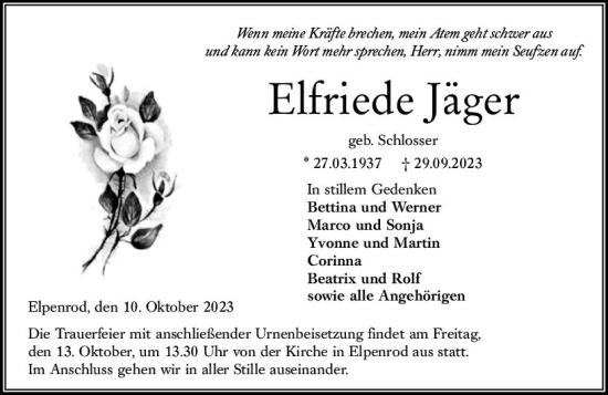 Traueranzeige von Elfriede Jäger von VRM Trauer