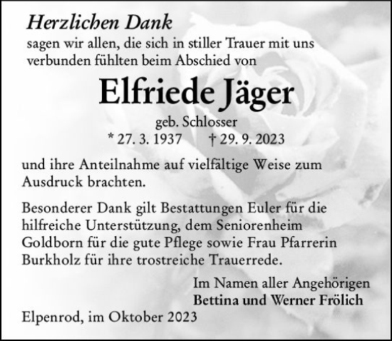 Traueranzeige von Elfriede Jäger von Oberhessen Kurier