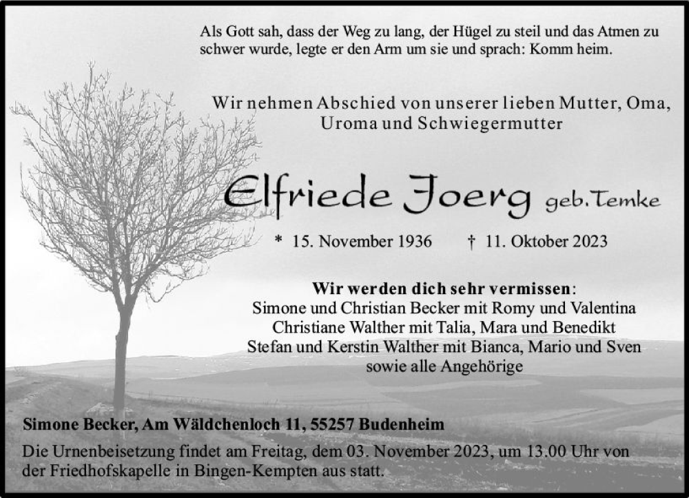  Traueranzeige für Elfriede Joerg vom 28.10.2023 aus Allgemeine Zeitung Bingen/Ingelheim