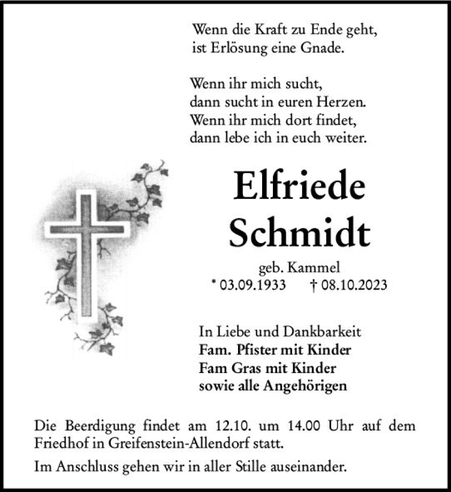  Traueranzeige für Elfriede Schmidt vom 11.10.2023 aus Wetzlarer Neue Zeitung
