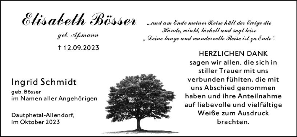  Traueranzeige für Elisabeth Bösser vom 14.10.2023 aus Hinterländer Anzeiger