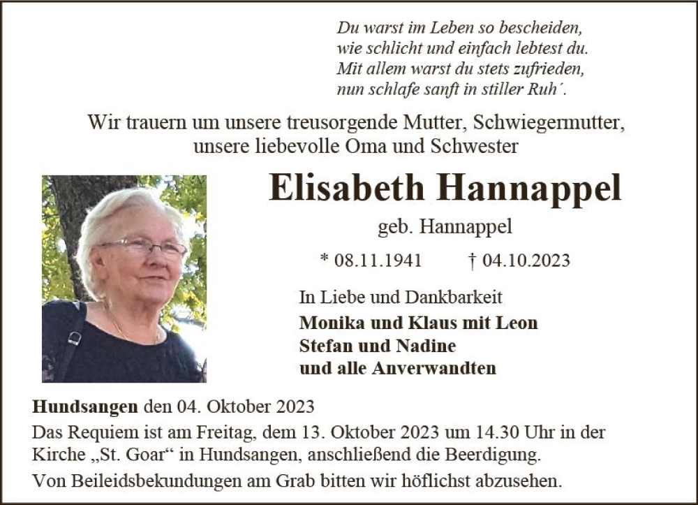  Traueranzeige für Elisabeth Hannappel vom 11.10.2023 aus Nassauische Neue Presse