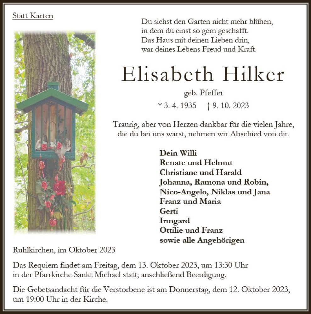  Traueranzeige für Elisabeth Hilker vom 11.10.2023 aus VRM Trauer