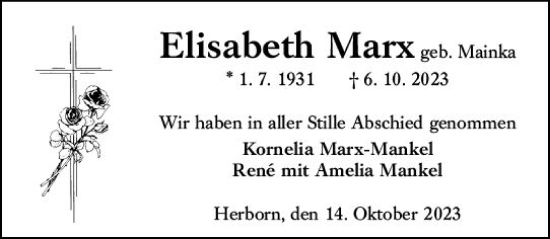 Traueranzeige von Elisabeth Marx von Dill Block