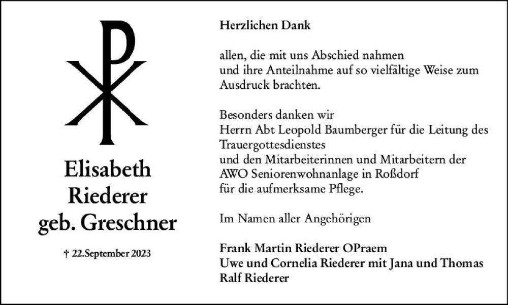  Traueranzeige für Elisabeth Riederer vom 21.10.2023 aus Darmstädter Echo