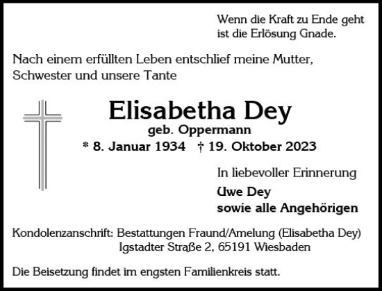 Traueranzeige von Elisabetha Dey von Wiesbadener Kurier