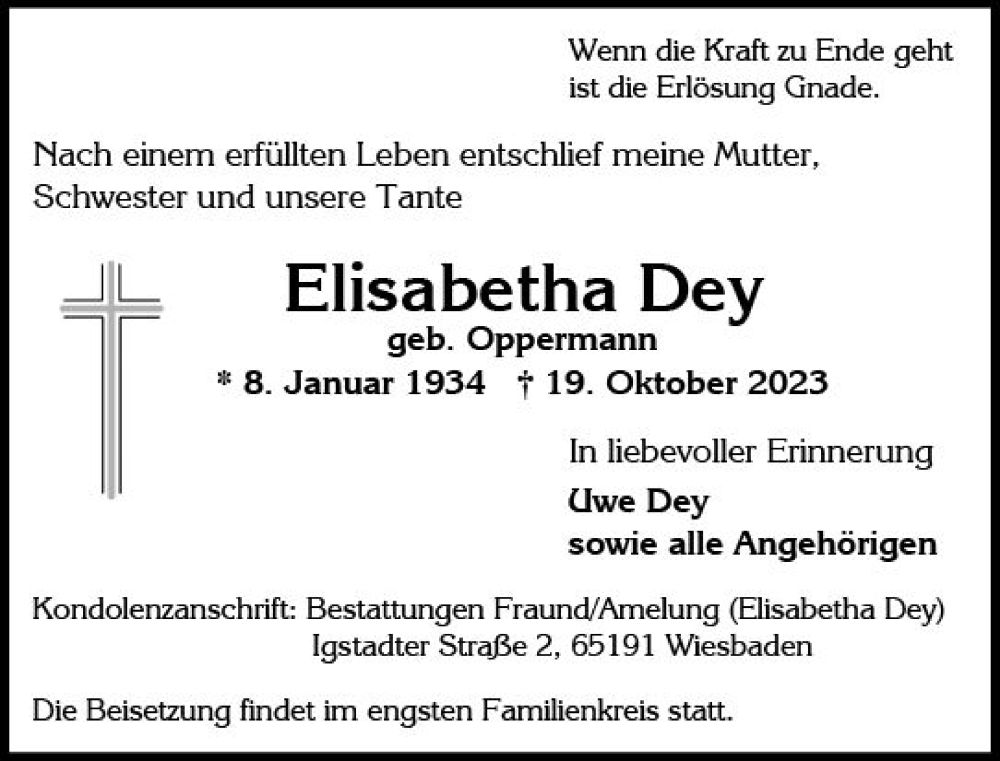  Traueranzeige für Elisabetha Dey vom 28.10.2023 aus Wiesbadener Kurier