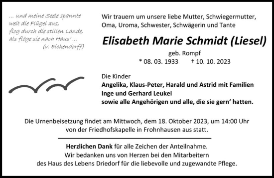 Traueranzeige von Elisabeth Marie Schmidt von Dill Block