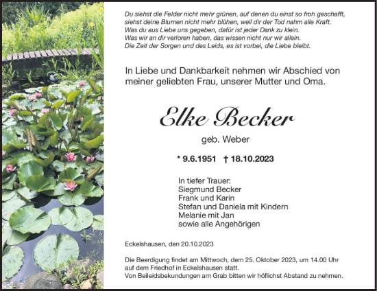 Traueranzeige von Elke Becker von Hinterländer Anzeiger