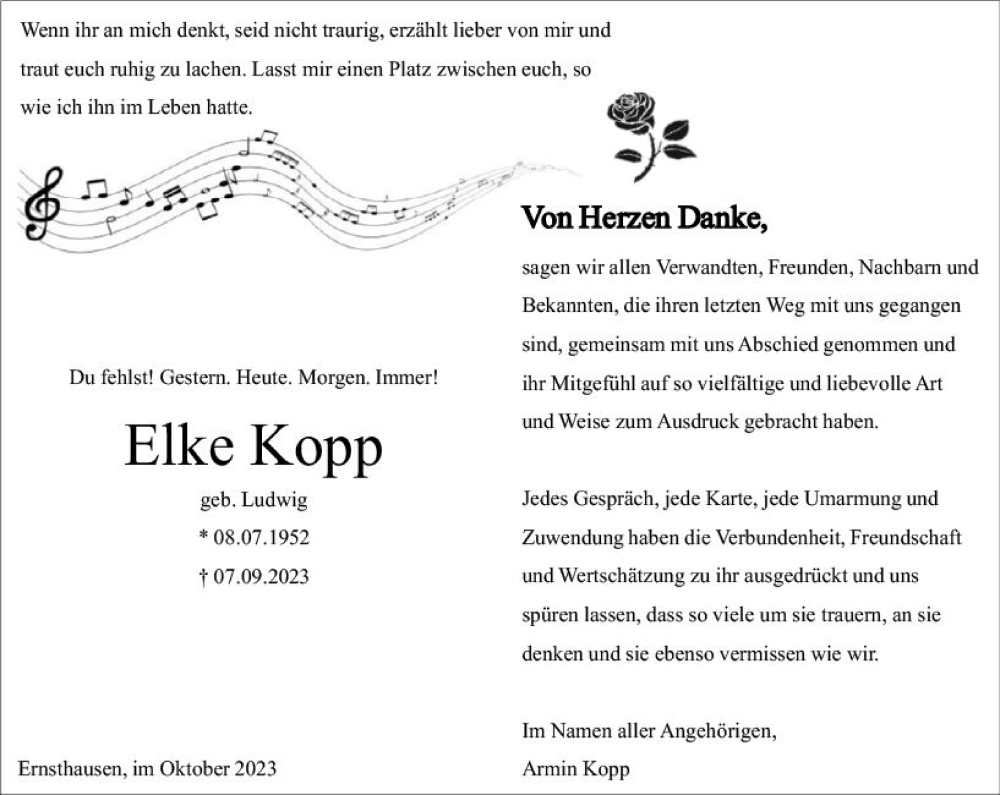  Traueranzeige für Elke Kopp vom 21.10.2023 aus Weilburger Tageblatt
