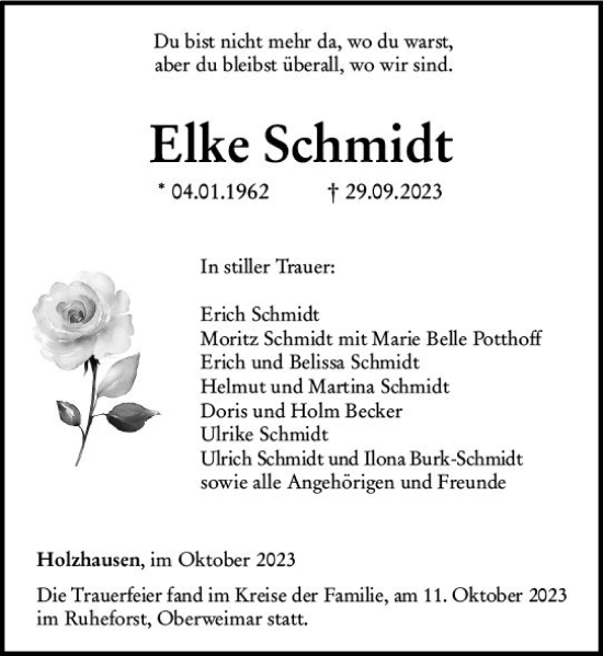 Traueranzeige von Elke Schmidt von Hinterländer Anzeiger