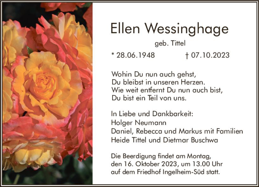  Traueranzeige für Ellen Wessinghage vom 14.10.2023 aus Bingen/Ingelheim WOBL inkl. Neue Binger Ztg.