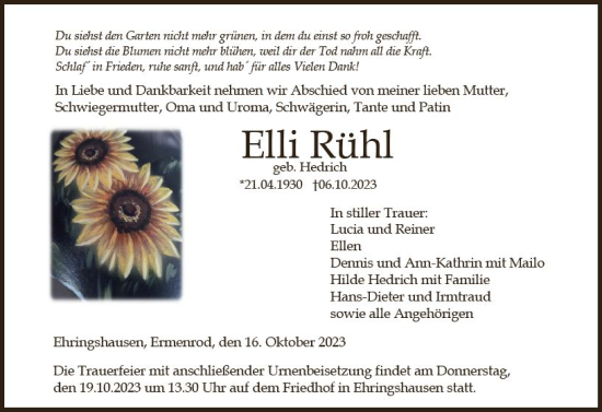 Traueranzeige von Elli Rühl von VRM Trauer