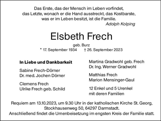 Traueranzeige von Elsbeth Frech von Darmstädter Echo