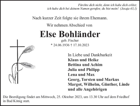 Traueranzeige von Else Bohländer von Odenwälder Echo