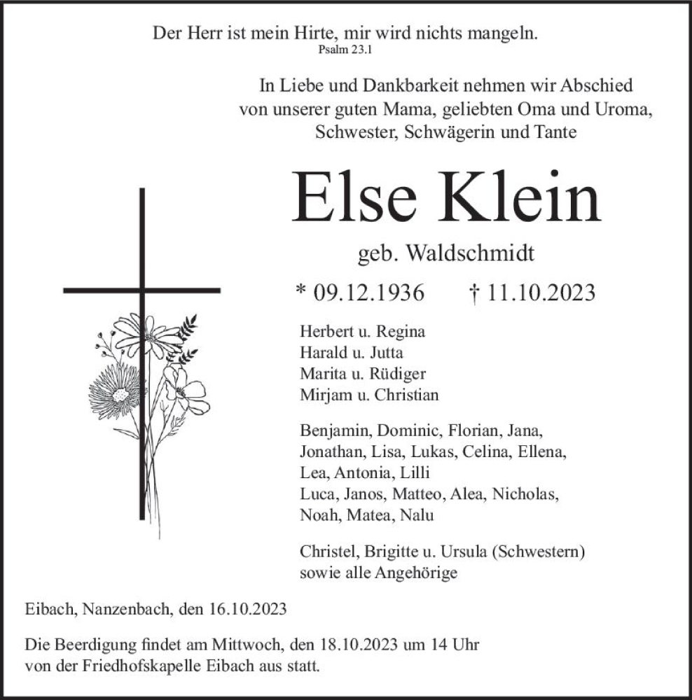  Traueranzeige für Else Klein vom 17.10.2023 aus Dill Block