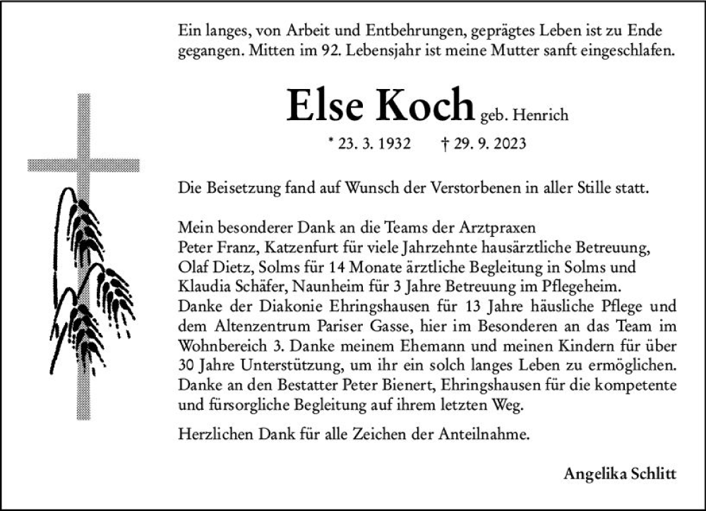  Traueranzeige für Else Koch vom 14.10.2023 aus Wetzlarer Neue Zeitung