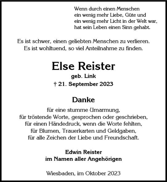 Traueranzeige von Else Reister von Wiesbadener Kurier