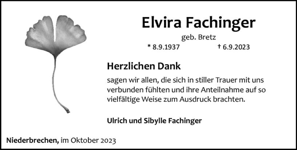  Traueranzeige für Elvira Fachinger vom 19.10.2023 aus Camberger Anzeiger