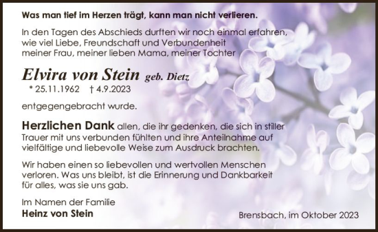 Traueranzeige von Elvira von Stein von Odenwälder Echo
