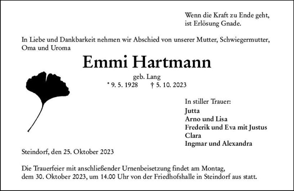  Traueranzeige für Emmi Hartmann vom 25.10.2023 aus Wetzlarer Neue Zeitung