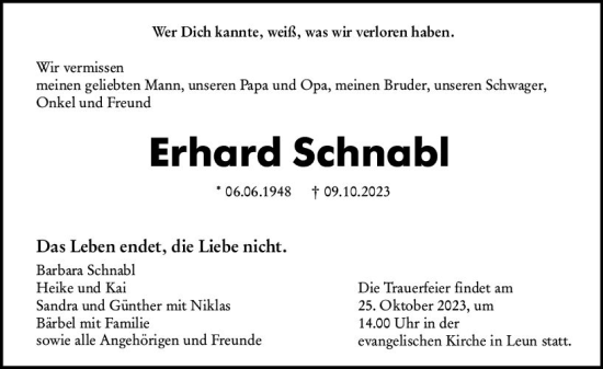 Traueranzeige von Erhard Schnabl von Wetzlarer Neue Zeitung