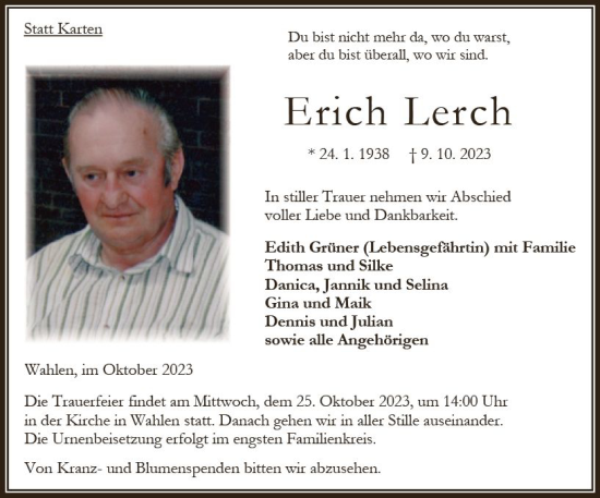 Traueranzeige von Erich Lerch von Oberhessen Kurier