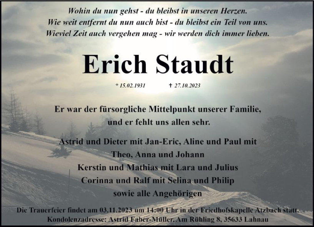  Traueranzeige für Erich Staudt vom 31.10.2023 aus Wetzlarer Neue Zeitung