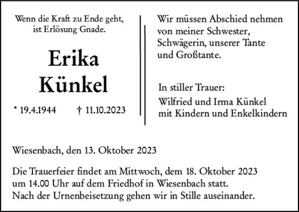  Traueranzeige für Erika Künkel vom 13.10.2023 aus Hinterländer Anzeiger