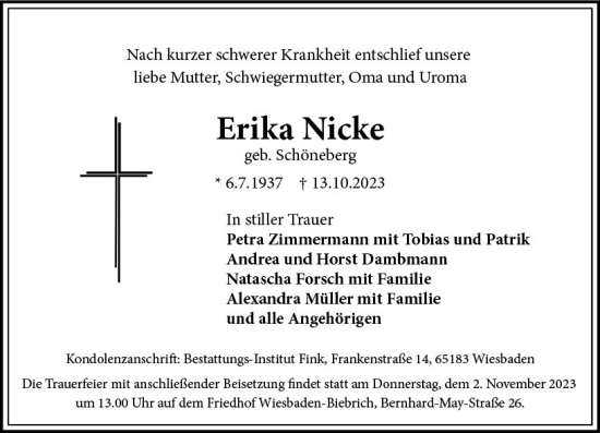 Traueranzeige von Erika Nicke von Wiesbadener Kurier