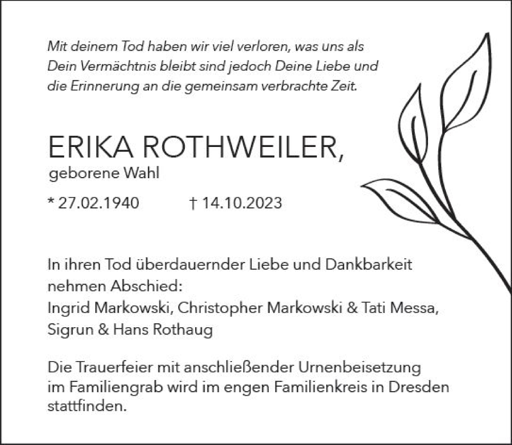  Traueranzeige für Erika Rothweiler vom 21.10.2023 aus Darmstädter Echo