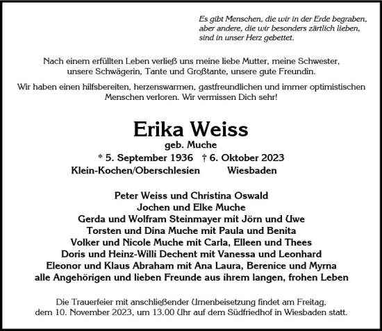 Traueranzeige von Erika Weiss von Wiesbadener Kurier