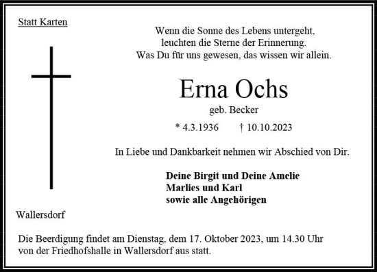 Traueranzeige von Erna Ochs von VRM Trauer