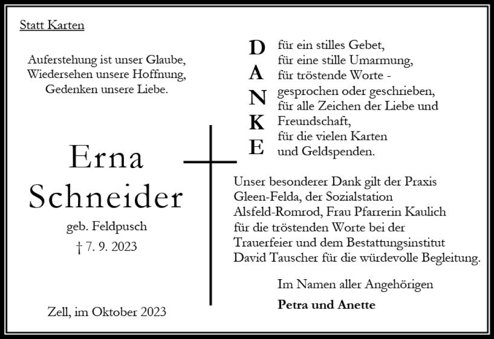  Traueranzeige für Erna Schneider vom 28.10.2023 aus Oberhessen Kurier