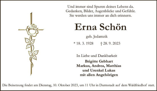 Traueranzeige von Erna Schön von Darmstädter Echo