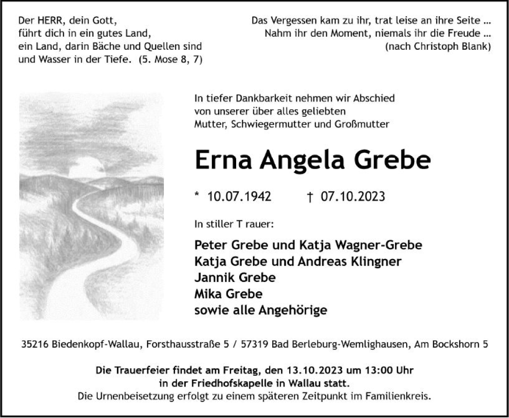  Traueranzeige für Erna Angela Grebe vom 11.10.2023 aus Hinterländer Anzeiger