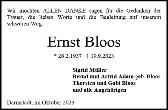 Traueranzeige von Ernst Bloos von Darmstädter Echo