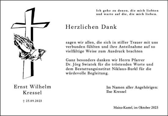 Traueranzeige von Ernst Kressel von Allgemeine Zeitung Mainz