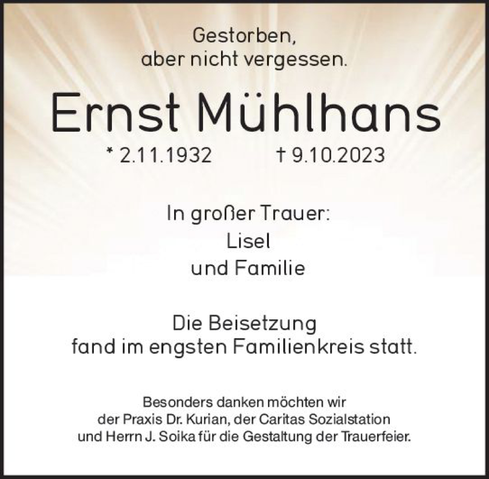 Traueranzeige für Ernst Mühlhans vom 28.10.2023 aus Wetzlarer Neue Zeitung