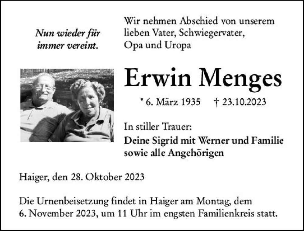  Traueranzeige für Erwin Menges vom 28.10.2023 aus Dill Block