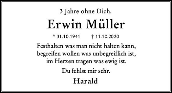 Traueranzeige von Erwin Müller von Wiesbadener Kurier