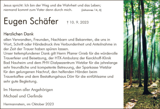 Traueranzeige von Eugen Schäfer von Wetzlarer Neue Zeitung