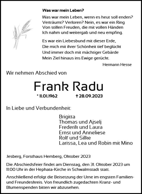 Traueranzeige von Frank Radu von Weilburger Tageblatt