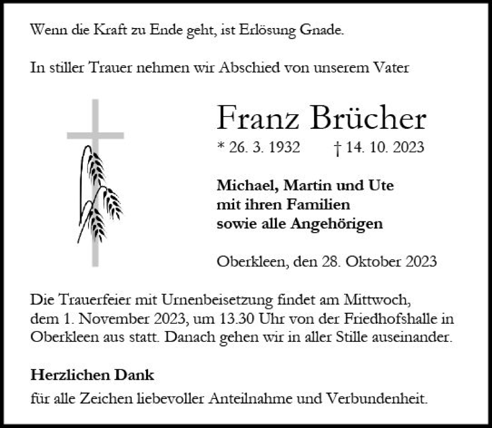  Traueranzeige für Franz Brücher vom 28.10.2023 aus Wetzlarer Neue Zeitung