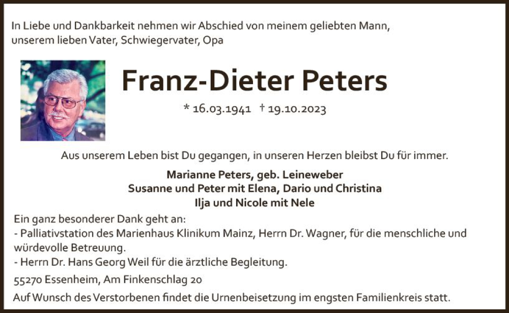  Traueranzeige für Franz-Dieter Peters vom 28.10.2023 aus Allgemeine Zeitung Mainz