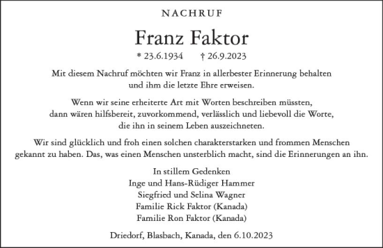 Traueranzeige von Franz Faktor von Wetzlarer Neue Zeitung