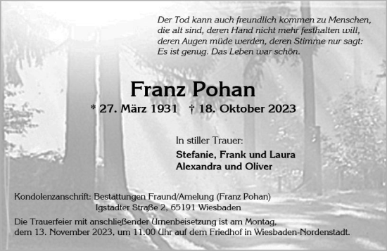 Traueranzeige von Franz Pohan von Wiesbadener Kurier